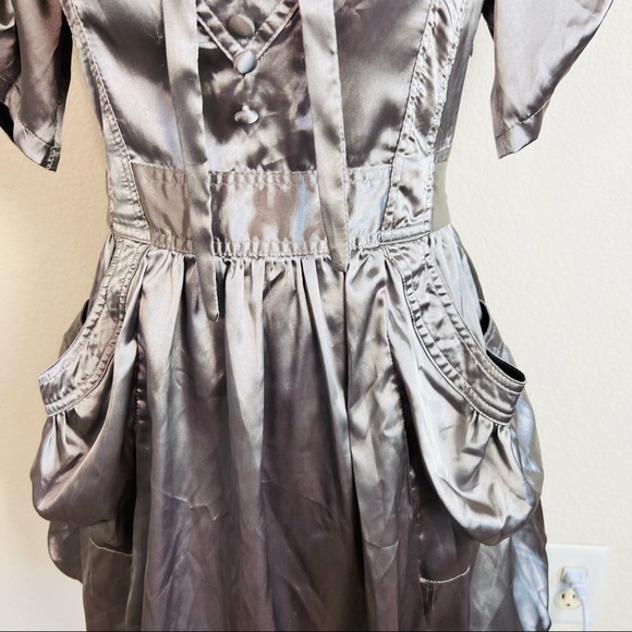 Y2K Silver Satin V-Neck Neck Tie Short Sleeve Bubble Mini Dress - Picture 12 of 16